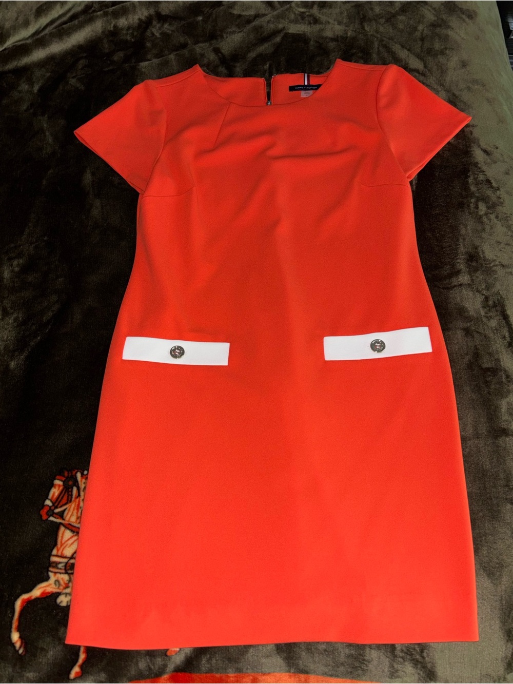 Tommy Hilfiger Bright Orange Short-Sleeve Shift Dress with White Pocket Accents